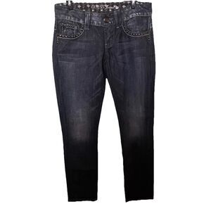 Guess Daredevil Womens Skinny Leg Jean Studded Pkts Front Back Appliques Size 28